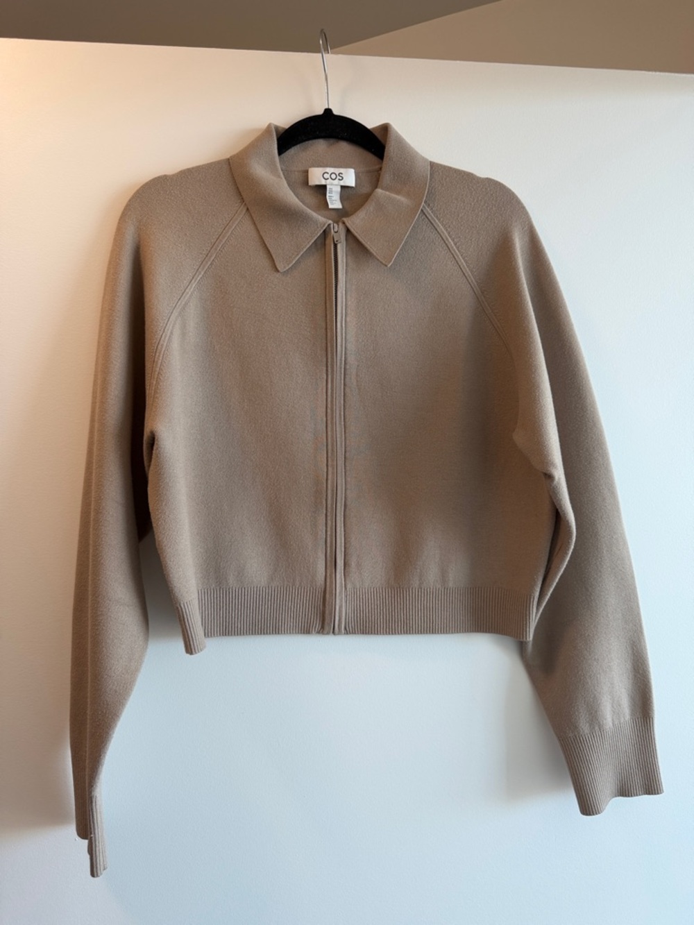 COS Taupe Zip-Front Collared Knit Jacket